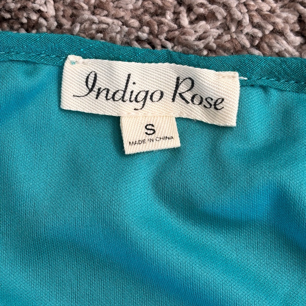 Indigo Rose Teal Boho Mini Dress Crochet Lace Sleeve Button Front- Size Small - Picture 5 of 8
